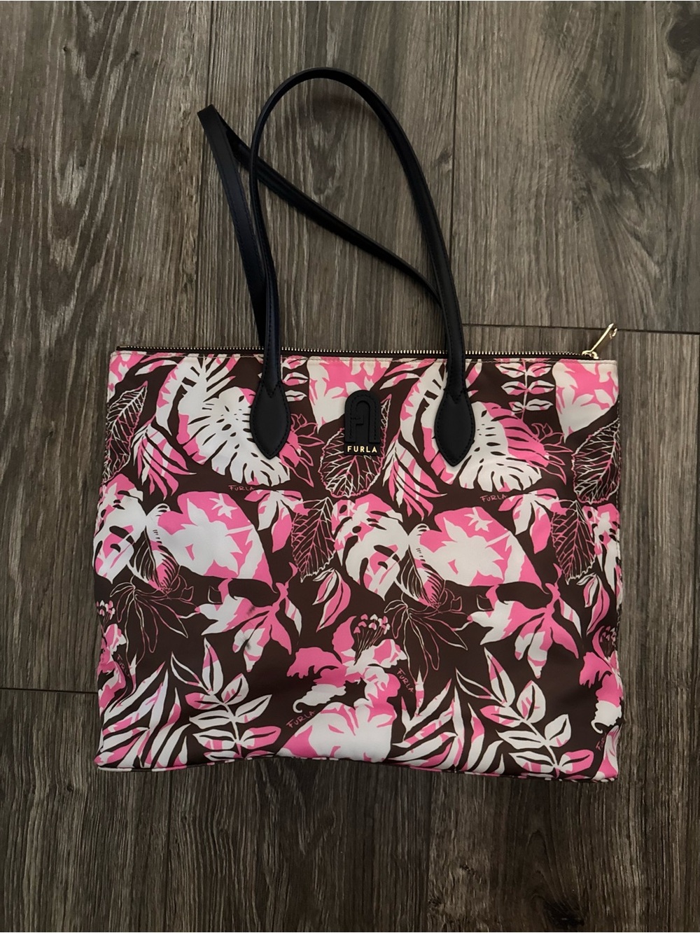 Furla Pink, Brown and White Floral Tote with Black Handles